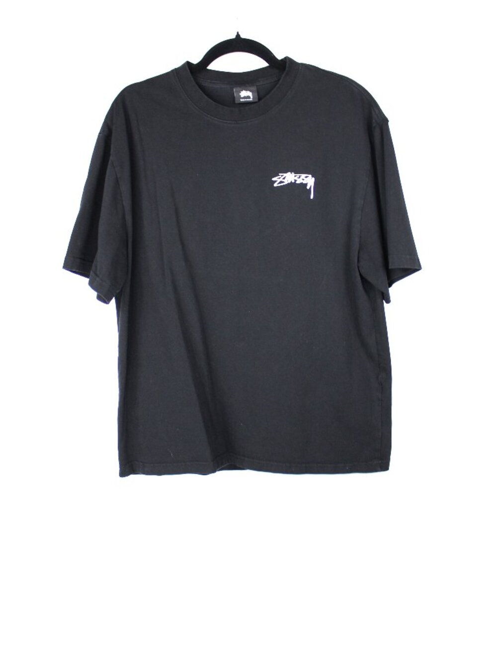 STUSSY BLACK T-SHIRT GRAPHIC BACK "STUSSY BUILT TOUGH WORLDWIDE SINCE 1980" SZ L